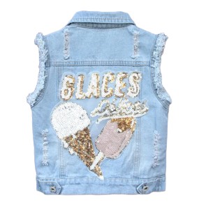 Baby Girl's Denim Cartoon Vest  Jacket Coat Outfits Toddler Kids Sequins Embroidery Girls Waistcoat Children Clothing Outerwear