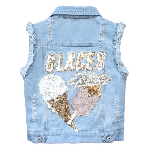 Baby Girl's Denim Cartoon Vest  Jacket Coat Outfits Toddler Kids Sequins Embroidery Girls Waistcoat Children Clothing Outerwear