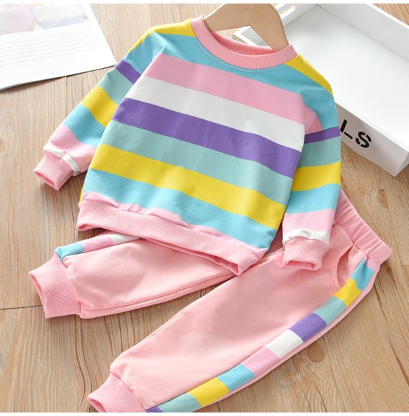 Baby Girls Rainbow Striped Spring Autumn Sport Causal Clothing Sets Children Kids Hoody T Shirt Pants Clothes for 2 to 8 years