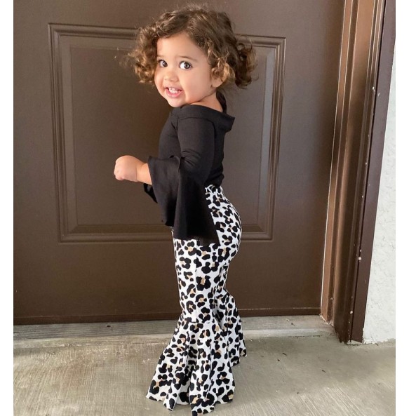 New Girl's Black Pure Cotton Medium Long Flare Sleeve T-Shirt with Leopard Print Pants Fashion Party Show Girl Set