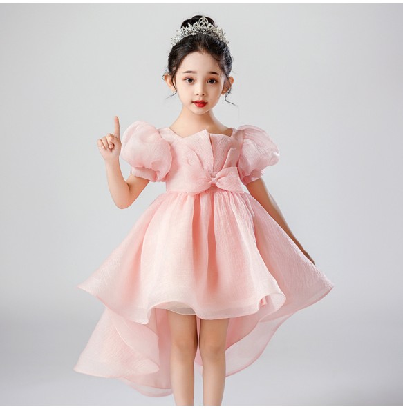 Summer New Kindergarten Children's Performance Dress Mesh Dress Bow Bubble Sleeves Fashion Tail Bubble Sleeves Dress