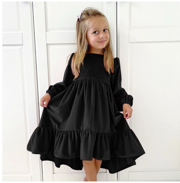 New 7-12 years Girls Spring Autumn Winter Velvet Long Sleeve Ruffle Hem Dress Princess Kids Party Dressess Children Clothing