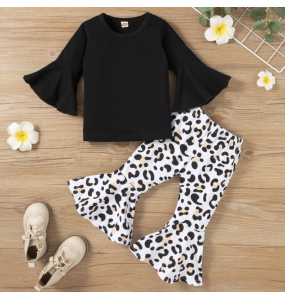 New Girl's Black Pure Cotton Medium Long Flare Sleeve T-Shirt with Leopard Print Pants Fashion Party Show Girl Set