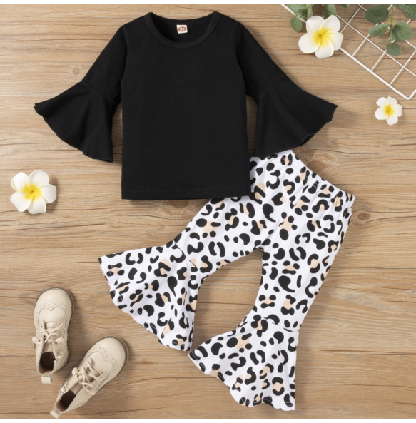 New Girl's Black Pure Cotton Medium Long Flare Sleeve T-Shirt with Leopard Print Pants Fashion Party Show Girl Set