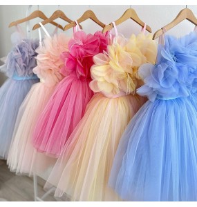 Girl's New 3D Decal Sleeveless Mesh Solid Color Sweet and Cute Princess Dress Wedding Flower Girl Evening Dress for 1-12 Years