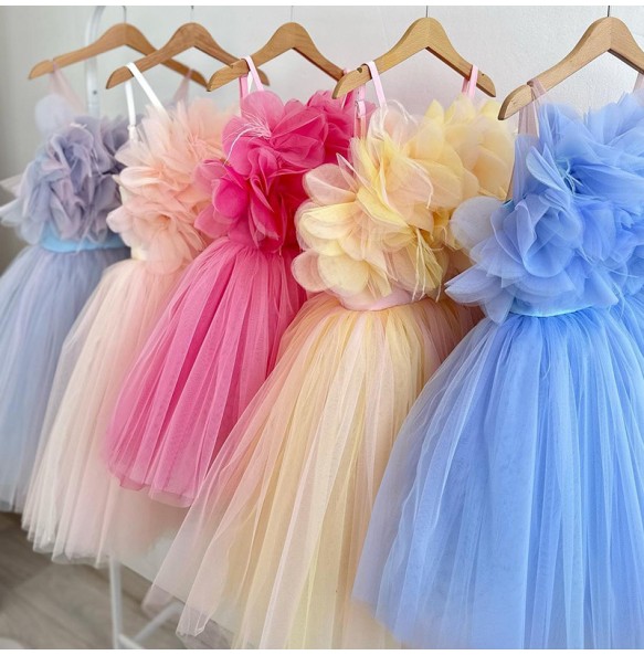 Girl's New 3D Decal Sleeveless Mesh Solid Color Sweet and Cute Princess Dress Wedding Flower Girl Evening Dress for 1-12 Years