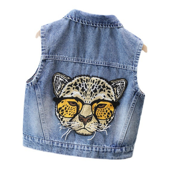 Boys and Girls Fashion Glasses Leopard Head Printed Lapel Denim Vest Spring and Autumn Versatile Show Tank Top