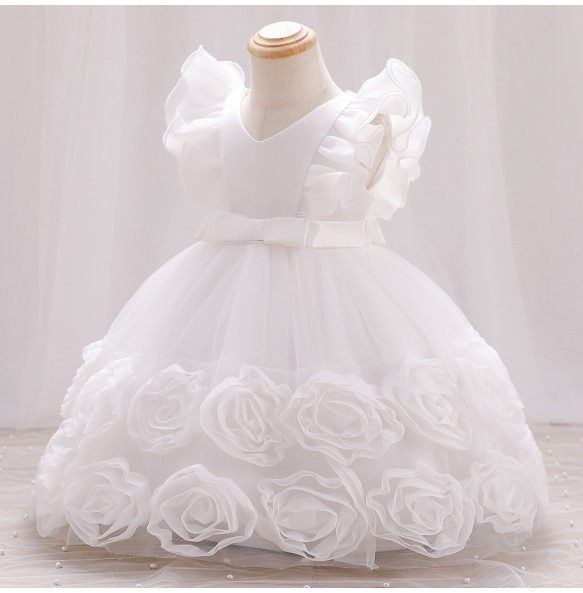 Summer New Little Flying Sleeves Applique Bow Tie Girls' Puffy Dress Birthday Party Wedding Flower Boy Christmas Dress