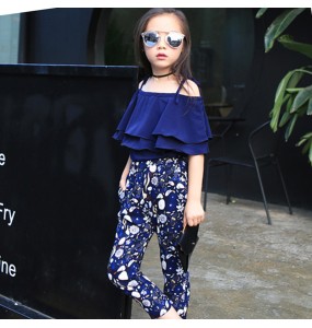 Summer Teen Girls Flower Chiffon Clothing Set Children Off Shoulder tops Floral Pants Kids Outfits Girl Clothes For 8 12 14Years