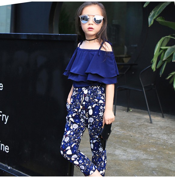 Summer Teen Girls Flower Chiffon Clothing Set Children Off Shoulder tops Floral Pants Kids Outfits Girl Clothes For 8 12 14Years