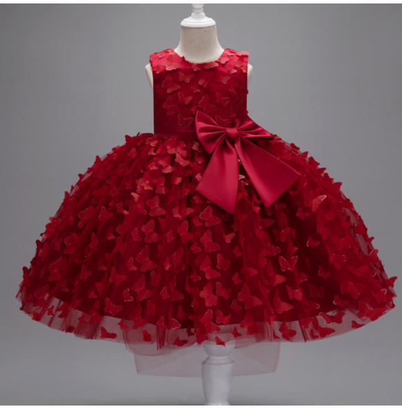 Girl's New Butterfly Skirt with Large Bow, Sweet and Cute Sleeveless Mesh Puffy Skirt Wedding Flower Girl Fashion Dress