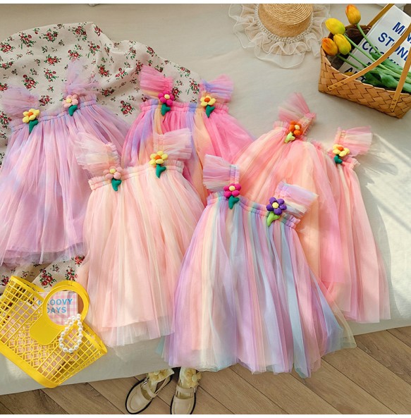 Summer Princess Girls Tulle Super Fairy Dresses Rainbow Flower Party Tutu Dress Children Mesh Puffy Birthday Vestidos Clothing