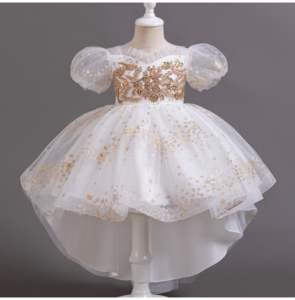 Summer New Girl's Sequin Sticker Tail Mesh Fluffy Dress Wedding Flower Children's Day Party Bubble Sleeve Princess Dress