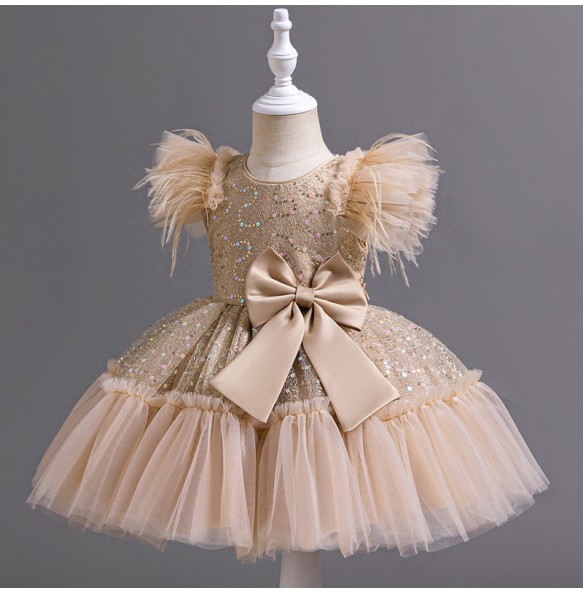 Summer New Girl's Sequin Flying Sleeves Big Bow Mesh Spliced Dress Birthday Party Wedding Flower Girl Princess Dress