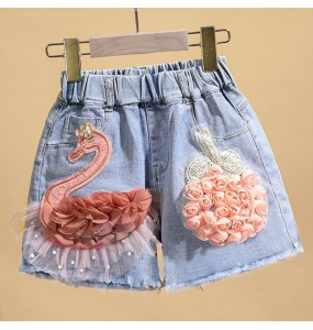 Baby Girl's Summer Cotton Denim Shorts Pants Toddler Kids Cute Swan Flower Soft Jeans for Teenager Girls Children Clothing