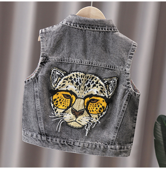 Boys and Girls Fashion Glasses Leopard Head Printed Lapel Denim Vest Spring and Autumn Versatile Show Tank Top