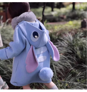 Autumn and Winter Girls New Disney Stitch Coat Purple Rabbit Children's Hooded Fashion Long Sleeve Long Woolen Coat