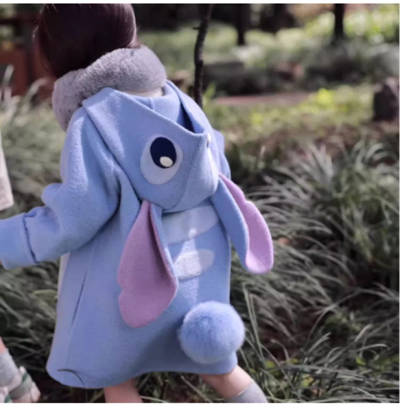 Autumn and Winter Girls New Disney Stitch Coat Purple Rabbit Children's Hooded Fashion Long Sleeve Long Woolen Coat