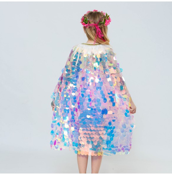 New Little Mermaid Princess Girls Sequins Cape Cloak for Beach Party Clothes Children Rainbow Shawl Cosplay Christmas Wear