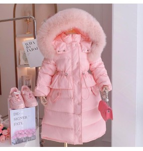 Girls' Winter New Solid Color Hoodie with Hairy Collar and Waist Collection Fashionable Windproof and Warm Long Cotton Jacket