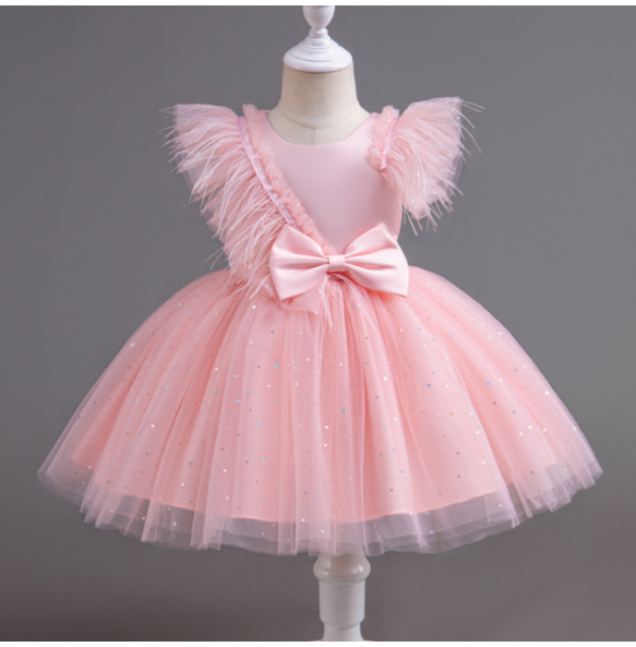 Summer Girls' New Bow Sequin Flying Sleeves Mesh Fluffy Skirt Piano Competition School Graduation Ceremony Dress