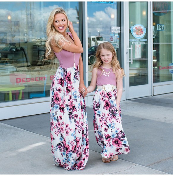 Summer Mother and Daughter Flower Long Dresses Beach Party Bohemia Maxi Dress Sundress Outfits Cotton Beachwear for Parent-Child