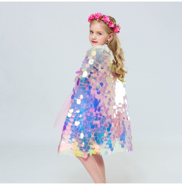 New Little Mermaid Princess Girls Sequins Cape Cloak for Beach Party Clothes Children Rainbow Shawl Cosplay Christmas Wear