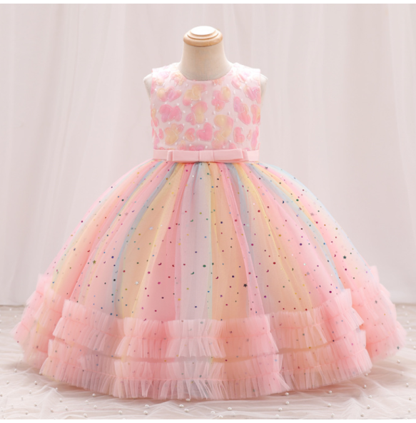 New Girl Embroidered Star Sequin Rainbow Mesh Sleeveless Dress Christmas Birthday Party Evening Dress for 1-10 Years Girl