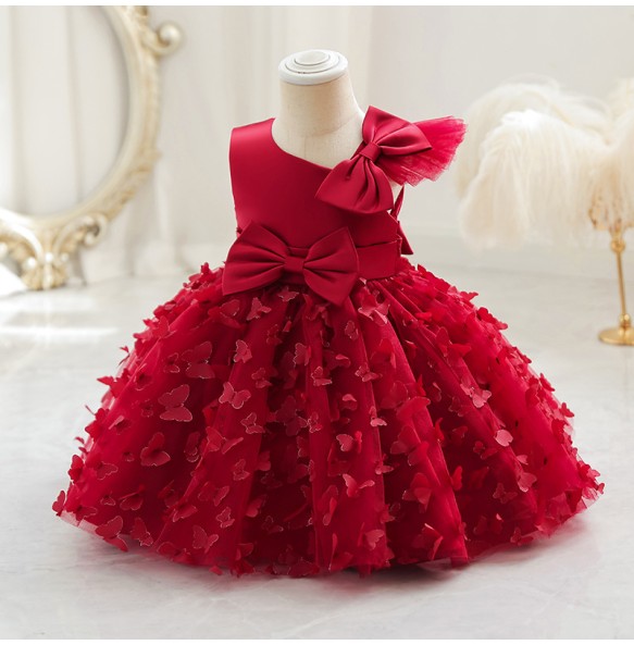 New Cute Butterfuly Flower Girls Brithday Wedding Dress Baby Kids Beauty Dress With Bownot