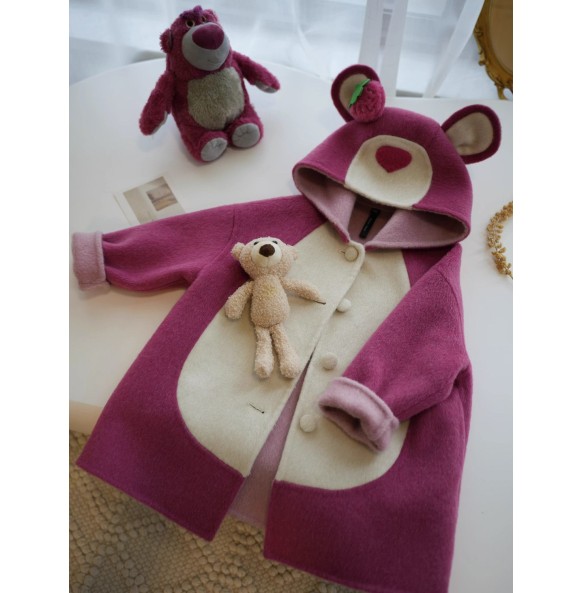 Disney Winter New Girl Strawberry Bear Sweet and Cute Warm Woolen Coat Fashion Versatile Love Print Long Coat for 1-8 Years