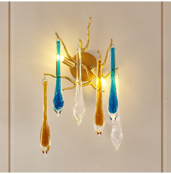 Postmodern Water Drop Crystal Branch Wall Lamp Living Room Background Wall Decor Hotel Aisle Staircase Bedroom Bedside Led Light