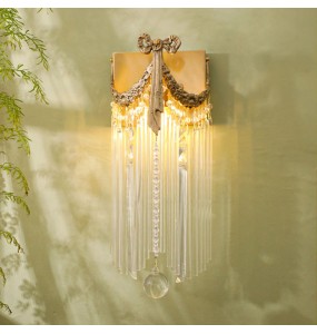 French Retro Vintage Brass Bow Crystal Wall Lamp European Luxury Tv Wall Bedroom Bedside Aisle Led Lighting