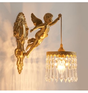 French Vintage Style Copper Angel Hanging Flower Crystal Wall Lamp Palace Corridor Entrance Porch Balcony Bedside Lighting