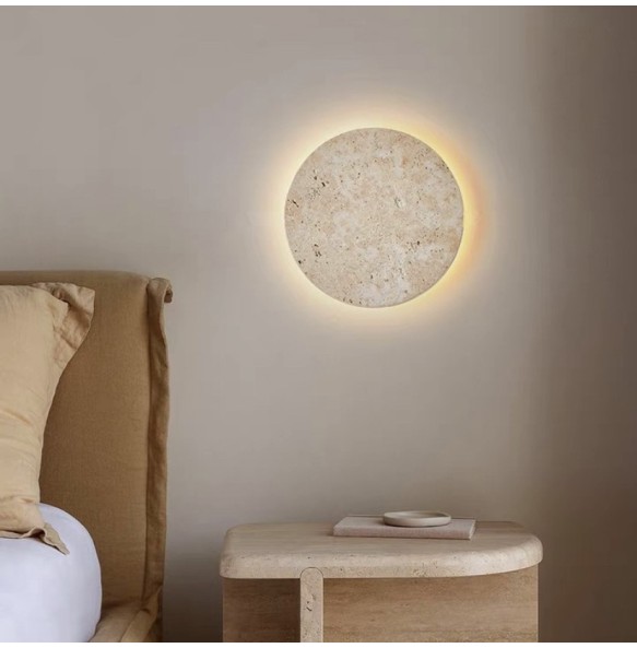 Wabi-Sabi Japanese Style Bedroom Bedside Wall Lamp Retro Homestay Corridor Aisle Porch Round Yellow Travertine Led Lighting