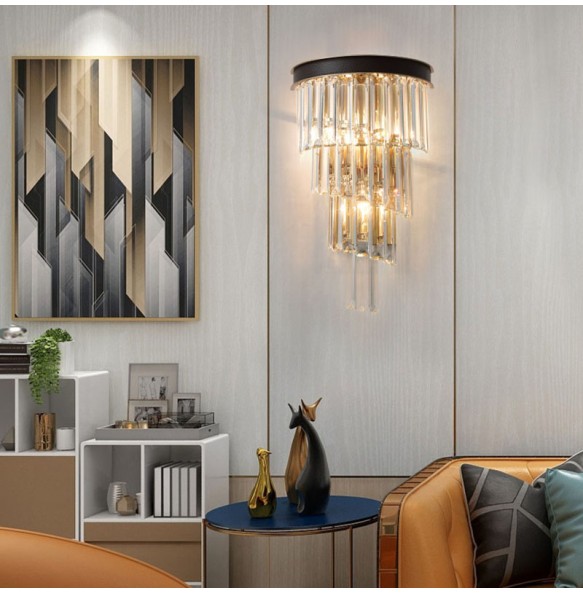 Luxury Modern Crystal Leather Gold Black Wall Lamp Bedroom Living Room Aisle TV Background Minimalist Bedside LED Light