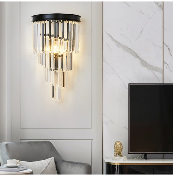 Luxury Modern Crystal Leather Gold Black Wall Lamp Bedroom Living Room Aisle TV Background Minimalist Bedside LED Light