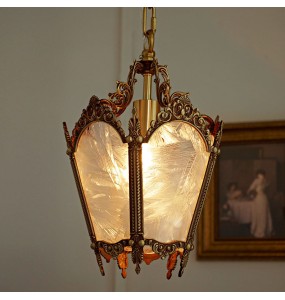 French-Style Retro Copper Ice Flower Glass Small Chandelier Bedside Balcony Porch Pendant Lighting Cloakroom Hanging Lamp