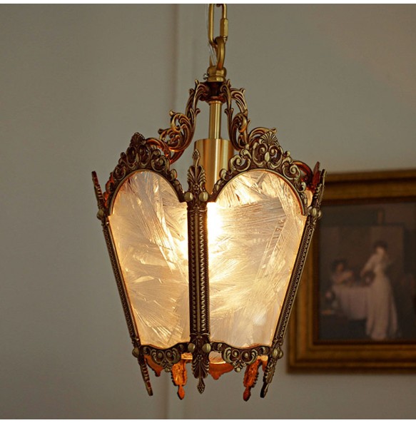 French-Style Retro Copper Ice Flower Glass Small Chandelier Bedside Balcony Porch Pendant Lighting Cloakroom Hanging Lamp