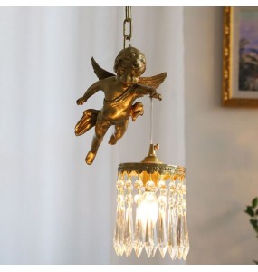 Retro French Palace Style Copper Angel Small Chandelier Crystal Pendant Lighting Corridor Porch Balcony Bedside Hanging Lamp