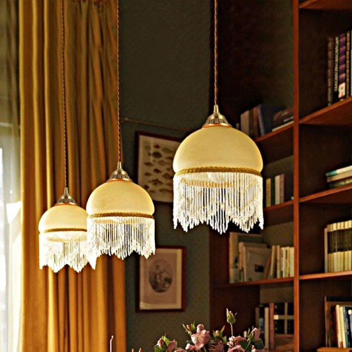 French Retro Glass Jellyfish Tassel Chandelier Medieval Vintage Bedside Balcony Bay Window Antique Western Copper Hanging Lamp