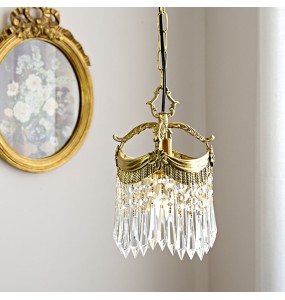 Vintage French Copper Porch Small Chandelier Corridor Balcony Retro Pendant Lighting Bedroom Bedside Crystal Hanging Lamp