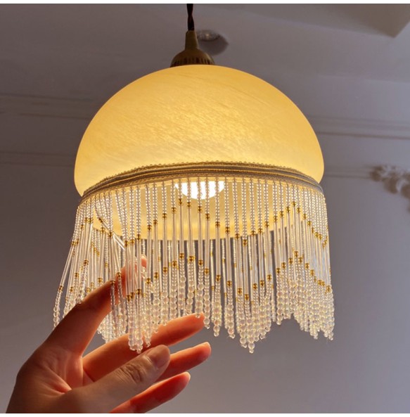 French Retro Glass Jellyfish Tassel Chandelier Medieval Vintage Bedside Balcony Bay Window Antique Western Copper Hanging Lamp