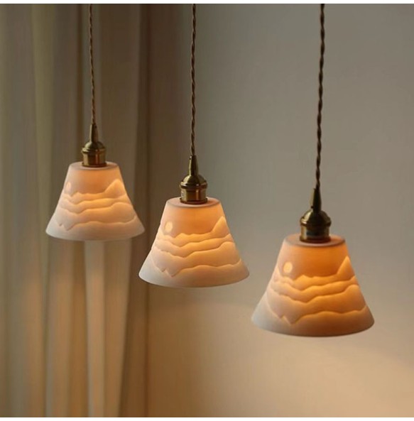 Japanese Style Zen Ceramic Small Chandelier Homestay Living Room Bedside Lamp Mountain Shadow Bedroom Brass Led Pendant Lights