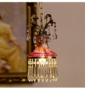 French Crystal Small Chandelier Retro Luxury Bedroom Bedside Hanging Rope Porch Aisle Corridor Balcony Copper Pendant Lighting