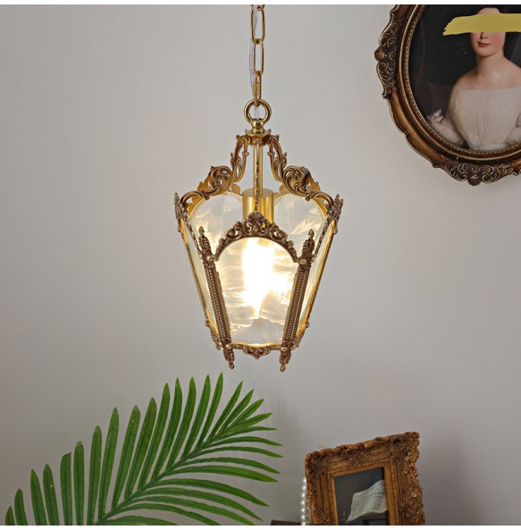 French-Style Retro Copper Ice Flower Glass Small Chandelier Bedside Balcony Porch Pendant Lighting Cloakroom Hanging Lamp