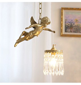 Retro French Palace Style Copper Angel Small Chandelier Crystal Pendant Lighting Corridor Porch Balcony Bedside Hanging Lamp