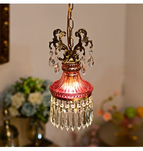 French Crystal Small Chandelier Retro Luxury Bedroom Bedside Hanging Rope Porch Aisle Corridor Balcony Copper Pendant Lighting