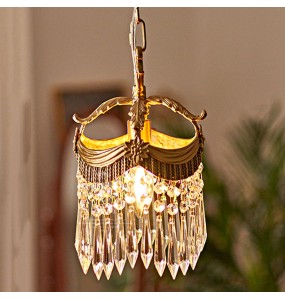 Vintage French Copper Porch Small Chandelier Corridor Balcony Retro Pendant Lighting Bedroom Bedside Crystal Hanging Lamp