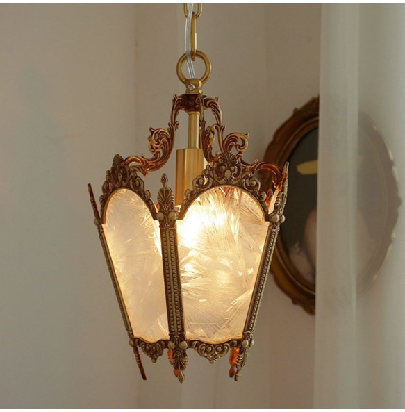 French-Style Retro Copper Ice Flower Glass Small Chandelier Bedside Balcony Porch Pendant Lighting Cloakroom Hanging Lamp